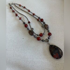 2 Strand Beaded Necklace with Teardrop Pendant